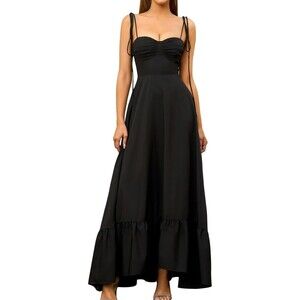 GLNEGE Women's Maxi Dress MEDIUM Black Spaghetti Strap Wedding Guest Party Dress